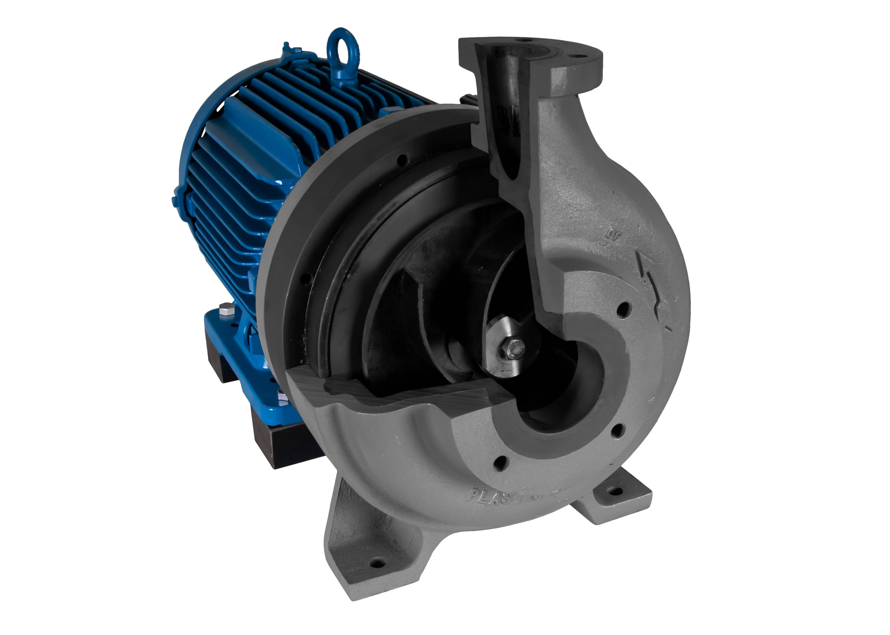 C-Shell 3x2-10 펌프 컷 어웨이 (파란색 WEG 모터 포함) 왼쪽 각도보기